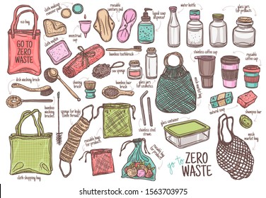 Set of durable items and products for zero waste lifestyle. Ecological, recycle and reused, no plastic and go green collection of objects for home, shopping and cosmetics. Linear hand drawn doodle