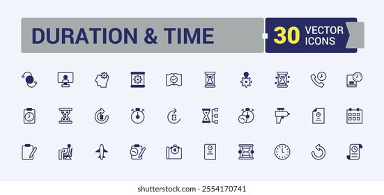 Set of Duration And Time line icons. Includes icons for duration and time and more. Simple web icons. Vector outline and solid icons collection.