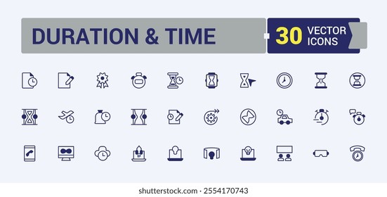 Set of Duration And Time line icons. Includes icons for duration and time and more. Simple web icons. Vector outline and solid icons collection.