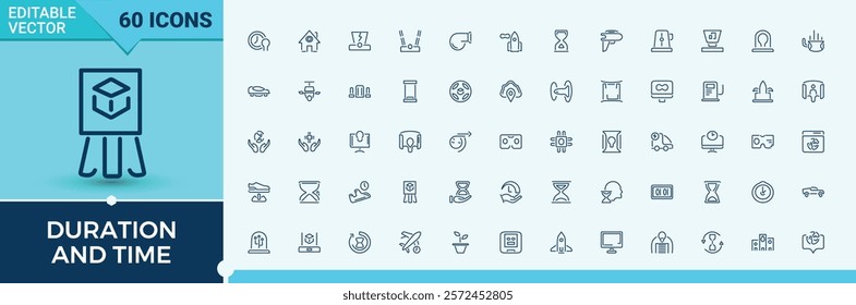 Set of Duration And Time line icons. Includes icons for office, location, hour, watch, sand, glass and more. Thin outline icons pack. Editable vector stroke.