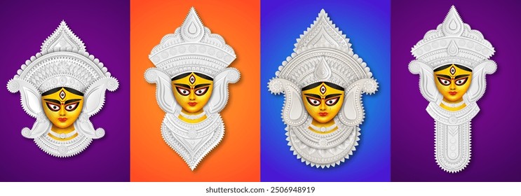 Set von Durga Gesicht, Göttin Durga Gesicht Illustration für Happy Durga Puja Angebot, Rabatt, Verkauf Tags, Drucken, Banner, Web-Banner, Festival-Angebot, Social Media Post