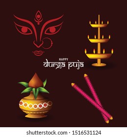 Set of durga puja illustration in vector colorful dandiya and diya and maa durga vector icon