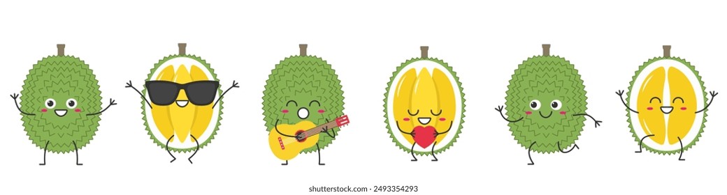 Set durian fruit character cartoon greeting jumping loves sings running cute funny smiling face happy joy emotions icon vector illustration.