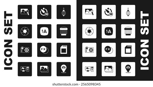 Set Dust blower, Auto flash, Camera shutter, Photo retouching, photo lens, timer, SD card and camera icon. Vector