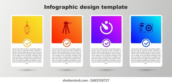 Ajuste el ventilador de polvo, el trípode, el temporizador de la cámara y la cámara fotográfica. Plantilla de infografía de negocios. Vector