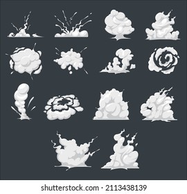 Set of dust clouds, vector cartoon illustrations isolated on dark background