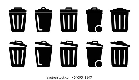 Set of dustbin icon symbol in flat style. Bin icon set. Trash can collection. Trash icons set. Web icon, delete button. Delete symbol flat style on white background. Vector Icon