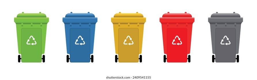 Juego de papelera con símbolo de reciclaje. Botes de basura coloridos con icono de reciclaje. Dustbin con rueda para reciclar diferentes tipos de residuos. Contenedores de clasificación de desechos. Ilustración vectorial.