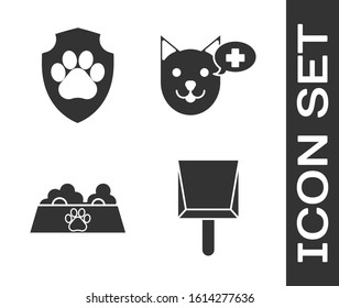 Set Dustpan, Animal health insurance, Pet food bowl for cat or dog and Veterinary clinic symbol icon. Vector