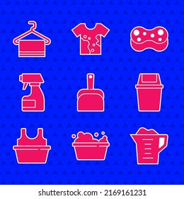 Set Dustpan, Basin with soap suds, Washing powder, Trash can, shirt, Cleaning spray bottle, Sponge and Towel hanger icon. Vector