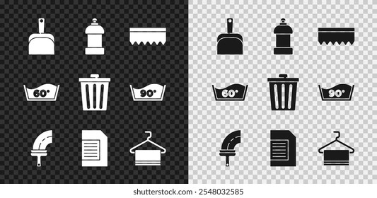 Set Dustpan, Bottle for cleaning agent, Sponge, Rubber cleaner windows, Laundry detergent, Towel hanger, Temperature wash and Trash can icon. Vector