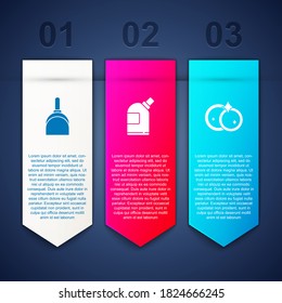 Set Dustpan, Bottles for cleaning agent and Washing dishes. Business infographic template. Vector.