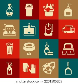 Set Dustpan, Brush for cleaning, Garbage truck, Basin with soap suds, Washbasin, Home service, Water spray bottle and Toilet paper roll icon. Vector