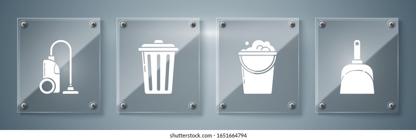 Set Dustpan , Bucket with foam and bubbles , Trash can  and Vacuum cleaner . Square glass panels. Vector