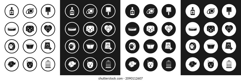 Set Dustpan, Dog, Collar with name tag, medicine bottle, Heart animals footprint, Retractable cord leash carabiner, Bag of food for dog and Paw icon. Vector