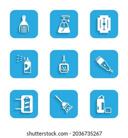 Set Dustpan, Mop, espuma de gel de aliño, Clipper de pelo eléctrico, Poste de barbería, Spray para spray de pelo, cuchilla de afeitar e icono de Barrette. Vector