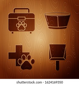 Set Dustpan, Pet first aid kit, Veterinary clinic symbol and Protective cone collar on wooden background. Vector