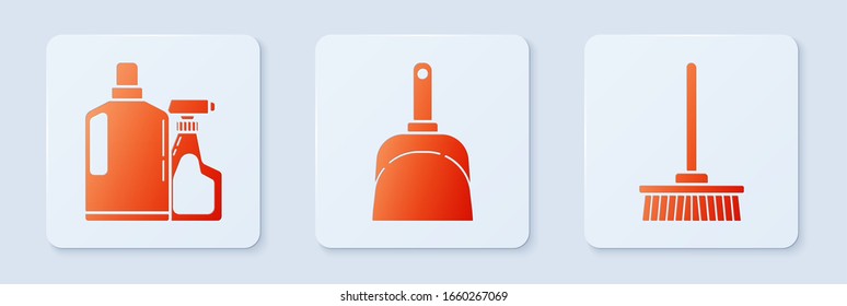 Set Dustpan , Plastikflaschen für flüssige Geschirrspülmittel und Mop. Weißer Quadrat-Knopf. Vektorillustration
