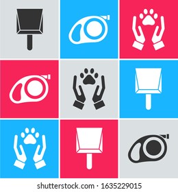 Set Dustpan, Retractable cord leash with carabiner and Hands with animals footprint icon. Vector
