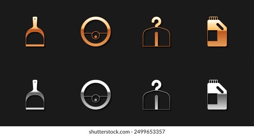 Set Dustpan, Robot vacuum cleaner, Hanger wardrobe and Bottle for cleaning agent icon. Vector