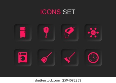 Set Dustpan, Toilet brush, Refrigerator, Mop, Bacteria, Clock, Portable vacuum cleaner and Washer icon. Vector