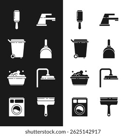 Set Dustpan, lata de lixo, rolo adesivo, torneira de água, bacia plástica com sabão, cabeça do chuveiro, limpador de borracha para janelas e ícone de lavadora. Vetor