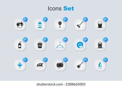 Set Dustpan, Trash can, Antibacterial soap, Washbasin, Bottle for detergent, Bucket with foam and bubbles, Sponge and Hanger wardrobe icon. Vector