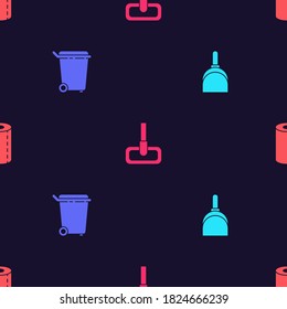 Set Dustpan, Trash can, Mop and Paper towel roll on seamless pattern. Vector.