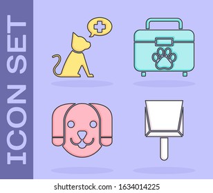 Set Dustpan, Veterinary clinic symbol, Dog and Pet first aid kit icon. Vector