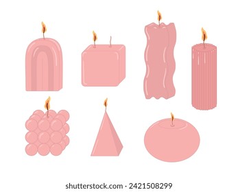 A set of dusty pink interior candles. Modern candle design, scented candles, home decoration. Stylish burning candles, vector illustration on a white background