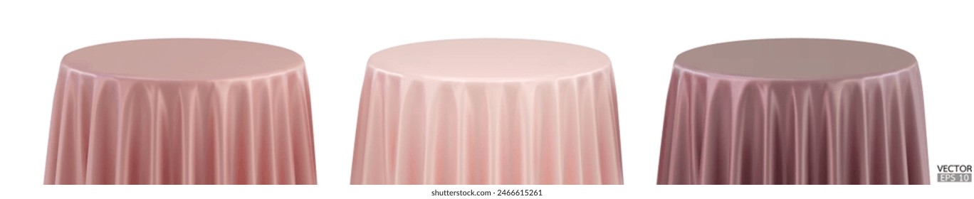 Set of Dusty rose Round Table with Tablecloth Isolated on white Background. Meeting room table clothes. Pink and violet tablecloths in various colors. 3D vector illustration.