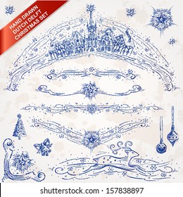 Conjunto de marcos dibujados de la mano azul Delft holandesa