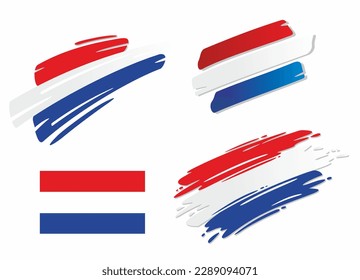Set of dutch flags, in different styles - correct, brush, marker and swoosh design. Represents the state of Netherlands.