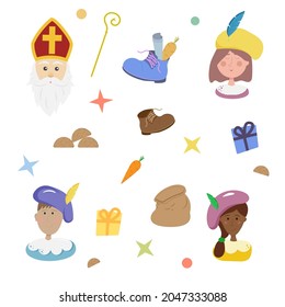 Set of Dutch holiday Sinterklaas characters and items. Vector illustration for Saint Nicholas day