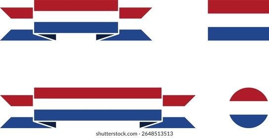 Conjunto de Bandeira Holandesa ou Bandeira dos Países Baixos, incluindo Estilo de Bandeira de Fita Curta e Longa Dobrada, Formas Planas Padrão e Redondas. Imagem vetorial.