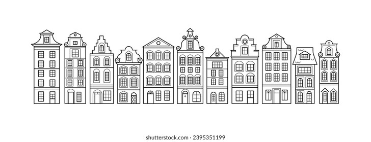 Set of Dutch linear house isolated on white background.Amsterdam.Vector stock illustration.