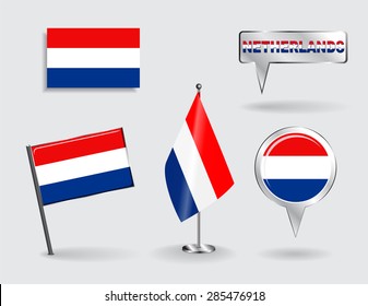 Set of Dutch pin, icon and map pointer flags. Vector illustration.