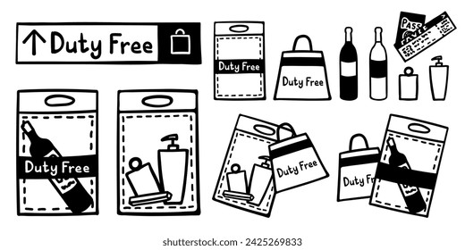 Set of Duty free sign board, sealed plastic bag with wine bottle and cosmetics isolated on white. Black line doodle sketch. Vector clipart for Duty free store or shopping illustration, travel design.