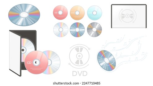 Establecer la ilustración vectorial de almacenamiento de datos de tecnología digital de discos DVD o CD aislados en fondo blanco