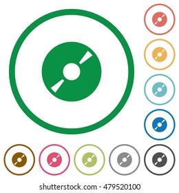 Set of DVD disc color round outlined flat icons on white background