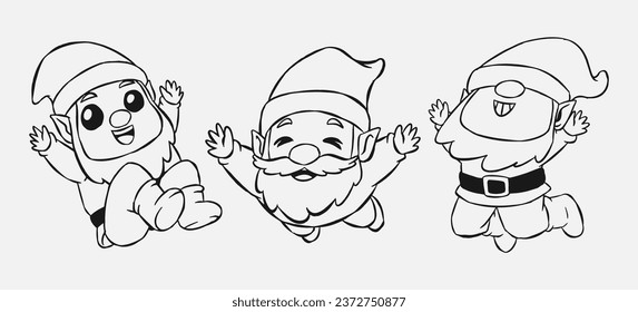 set of dwarf cartoon character with happy expression. little gnome in a jumping pose. line art style. vector illustration.