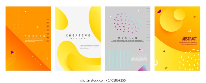 Set of dynamic 3D style A4 size poster design concept. Fluid elements with bright gradient. Creative illustration for banner, web, landing, page, cover, ad, greeting, card, promotion, print.