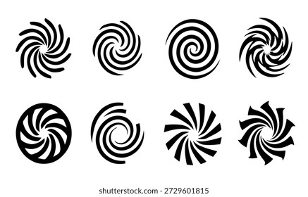 Conjunto de patrones dinámicos abstractos de remolino y espiral en silueta negra, perfecto para crear fondos, gráficos y efectos de movimiento.