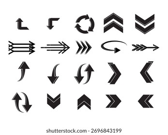 Conjunto de setas pretas dinâmicas e ícones direcionais para navegação de interface do usuário e gráficos de negócios