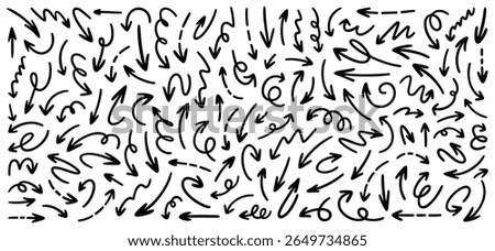 Set of dynamic black arrows in various styles including curved, dashed, spiral, and zigzag. Perfect for presentations, infographics, interfaces, and creative projects. Isolated on white background.