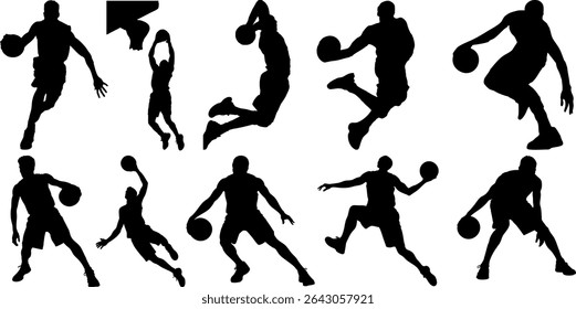 Set of dynamic black basketball player silhouettes showcasing dribbling, dunking, and jumping moves. Perfect for sports, athletic branding, posters, and vector illustration design