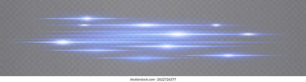 Set of dynamic blue neon lens flare streaks glowing on transparent background. Futuristic abstract beams ideal for tech visuals, digital interfaces. EPS vector illustration.