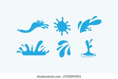 Conjunto de Formas dinámicas de salpicaduras de agua azul, que incluyen ondas, rocío y ondas. Energía, líquido y Elementos de diseño de Vector de verano. Diferentes formas de salpicaduras de agua y aerosoles aislados sobre fondo