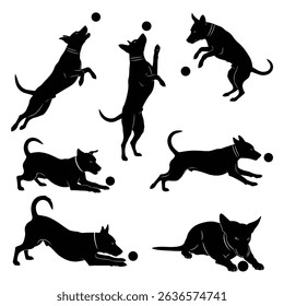 Set of dynamic dog silhouettes playing with balls in various action poses.