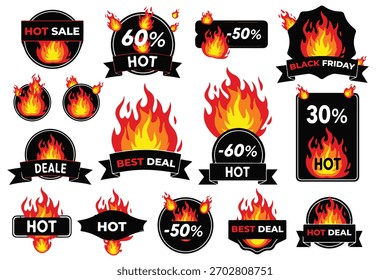 A set of dynamic, fiery promotional labels and banners, ideal for showcasing hot sales, best deals, and various discounts like 30%, 50%, 60% off for retail marketing and web ads.